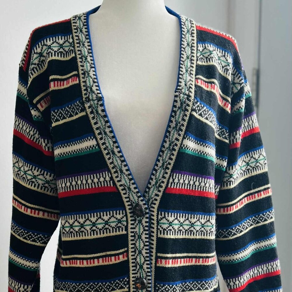 Vintage Bern Conrad Black Fair Isle 100% Wool Cardigan with Patch Pockets – US M